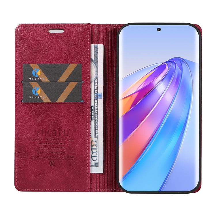 YIKATU YK-006 For Honor X40 5G / X9a 5G / Magic5 Lite 5G Leather Case Litchi Texture Phone Wallet Cover - Wine Red