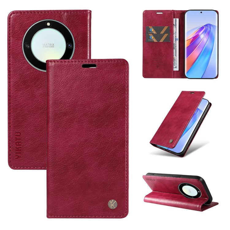 YIKATU YK-006 For Honor X40 5G / X9a 5G / Magic5 Lite 5G Leather Case Litchi Texture Phone Wallet Cover - Wine Red