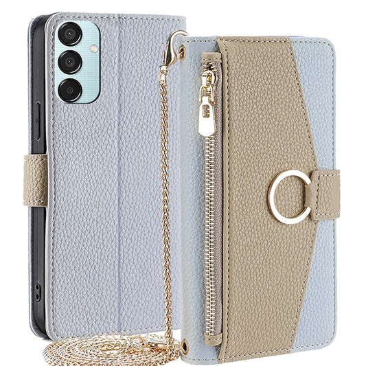 For Samsung Galaxy M15 5G Leather Case Zipper Wallet Crossbody Phone Cover with Mirror - Blue