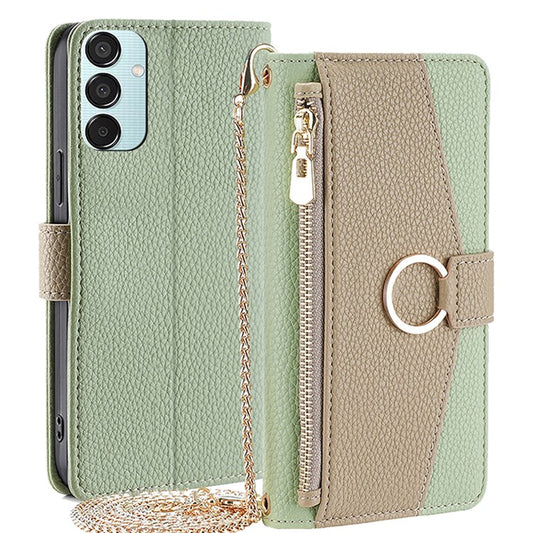 For Samsung Galaxy M15 5G Leather Case Zipper Wallet Crossbody Phone Cover with Mirror - Green