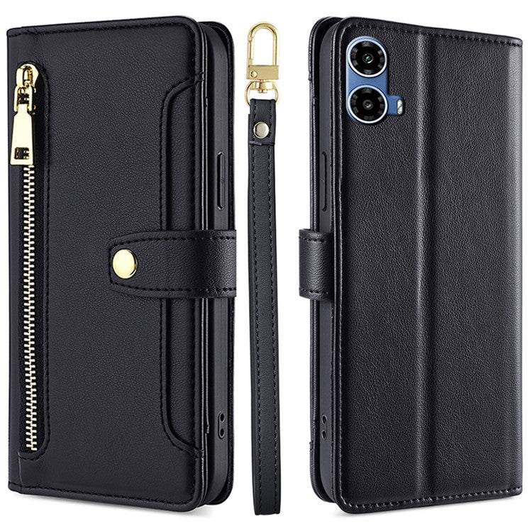 For Motorola Moto G45 5G / G34 5G Leather Case with Shoulder Strap Zipper Wallet Phone Cover - Black