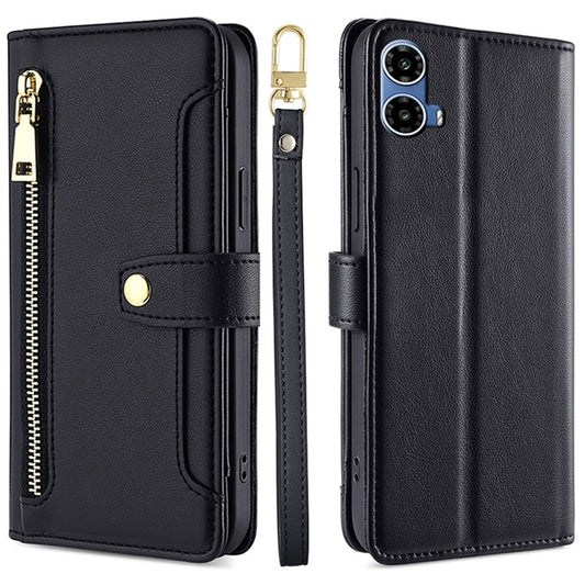 For Motorola Moto G45 5G / G34 5G Leather Case with Shoulder Strap Zipper Wallet Phone Cover - Black