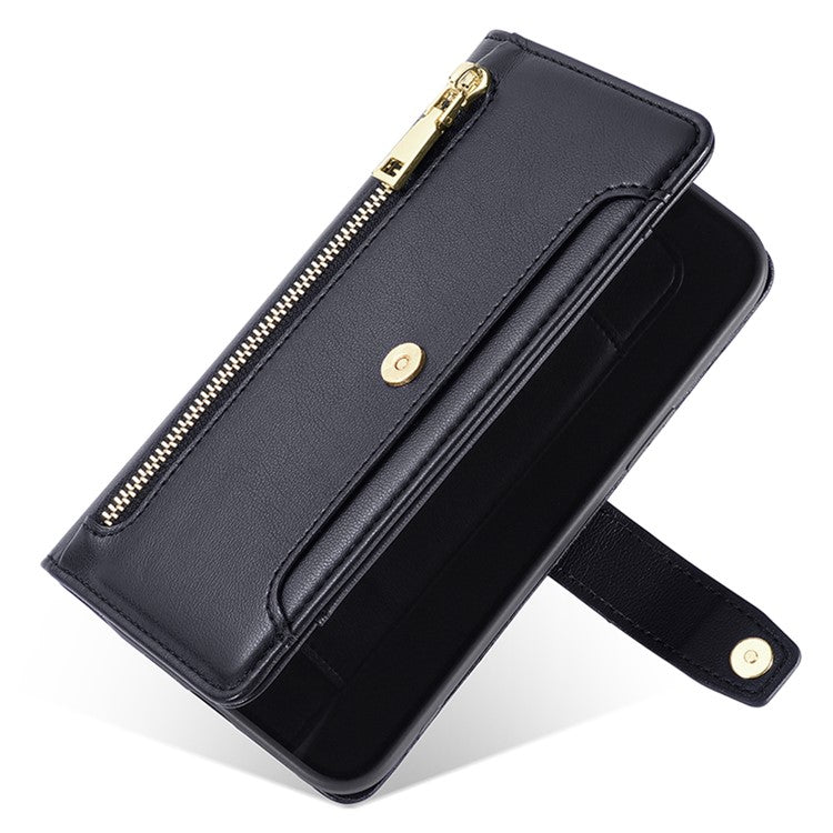 For Motorola Moto G45 5G / G34 5G Leather Case with Shoulder Strap Zipper Wallet Phone Cover - Black