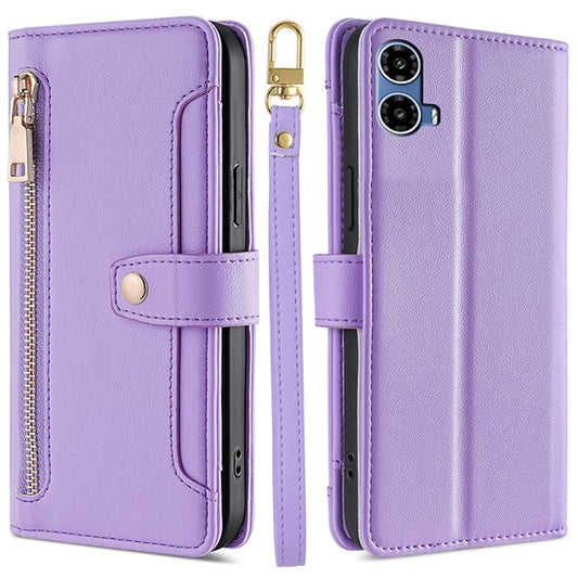 For Motorola Moto G45 5G / G34 5G Leather Case with Shoulder Strap Zipper Wallet Phone Cover - Purple