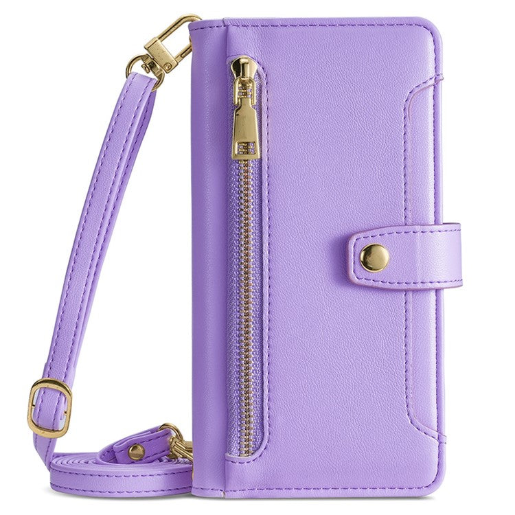 For Motorola Moto G45 5G / G34 5G Leather Case with Shoulder Strap Zipper Wallet Phone Cover - Purple