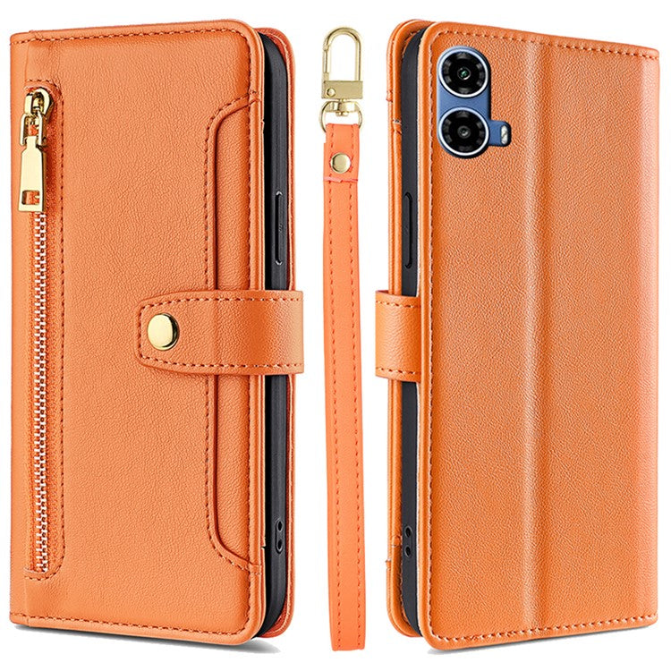 For Motorola Moto G45 5G / G34 5G Leather Case with Shoulder Strap Zipper Wallet Phone Cover - Orange