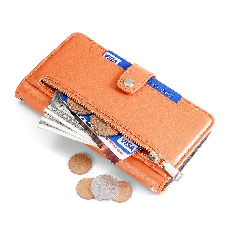 For Motorola Moto G45 5G / G34 5G Leather Case with Shoulder Strap Zipper Wallet Phone Cover - Orange