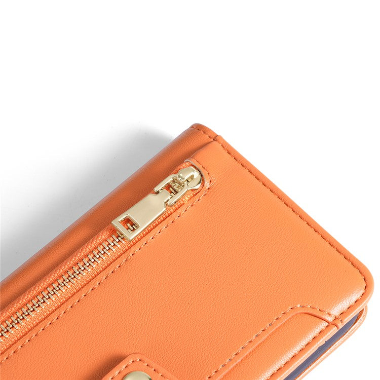 For Motorola Moto G45 5G / G34 5G Leather Case with Shoulder Strap Zipper Wallet Phone Cover - Orange