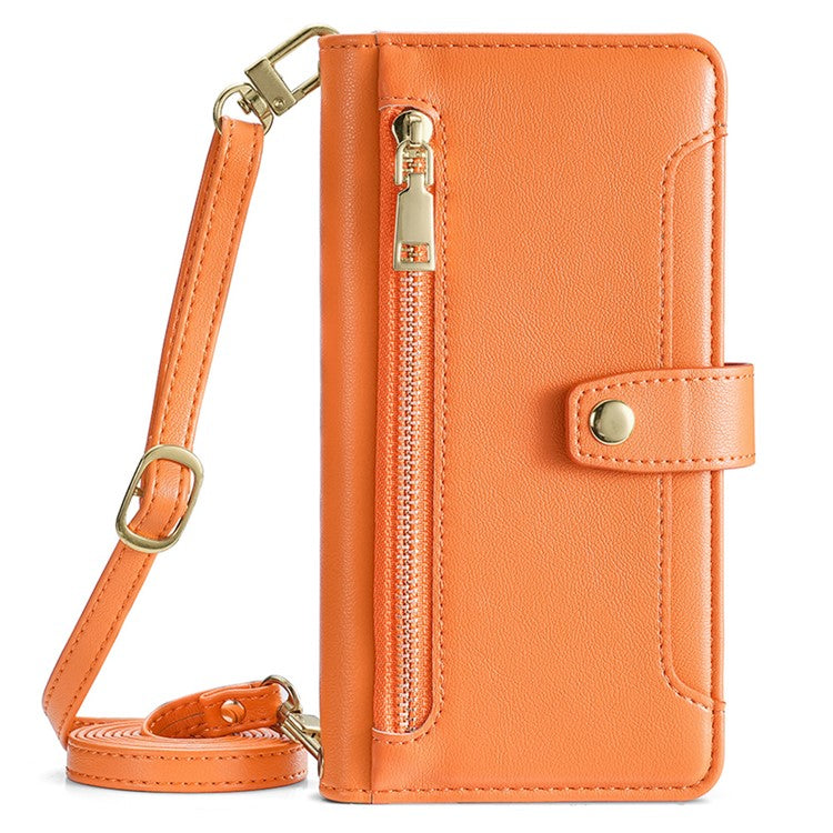 For Motorola Moto G45 5G / G34 5G Leather Case with Shoulder Strap Zipper Wallet Phone Cover - Orange