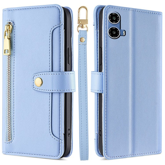 For Motorola Moto G45 5G / G34 5G Leather Case with Shoulder Strap Zipper Wallet Phone Cover - Blue
