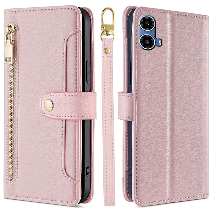For Motorola Moto G45 5G / G34 5G Leather Case with Shoulder Strap Zipper Wallet Phone Cover - Pink