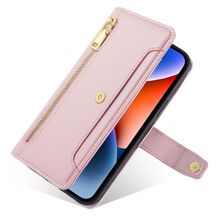 For Motorola Moto G45 5G / G34 5G Leather Case with Shoulder Strap Zipper Wallet Phone Cover - Pink