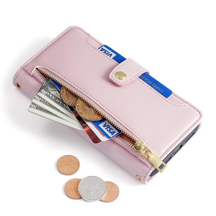For Motorola Moto G45 5G / G34 5G Leather Case with Shoulder Strap Zipper Wallet Phone Cover - Pink
