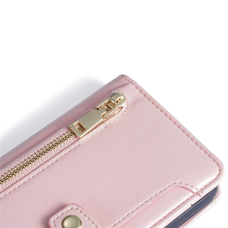 For Motorola Moto G45 5G / G34 5G Leather Case with Shoulder Strap Zipper Wallet Phone Cover - Pink