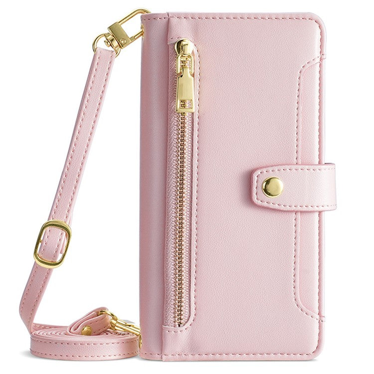 For Motorola Moto G45 5G / G34 5G Leather Case with Shoulder Strap Zipper Wallet Phone Cover - Pink