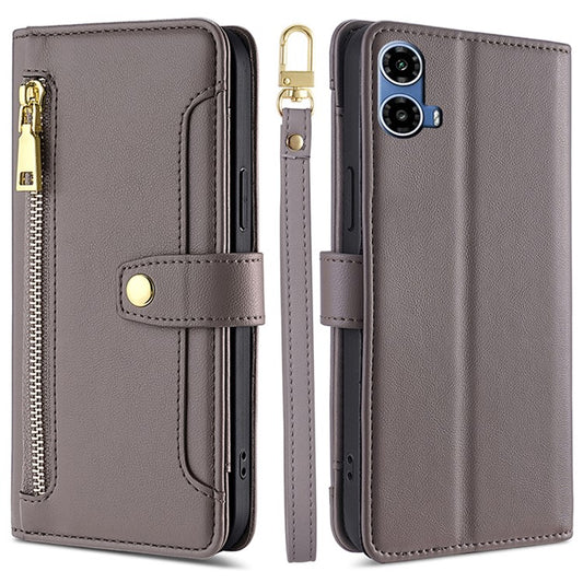 For Motorola Moto G45 5G / G34 5G Leather Case with Shoulder Strap Zipper Wallet Phone Cover - Grey