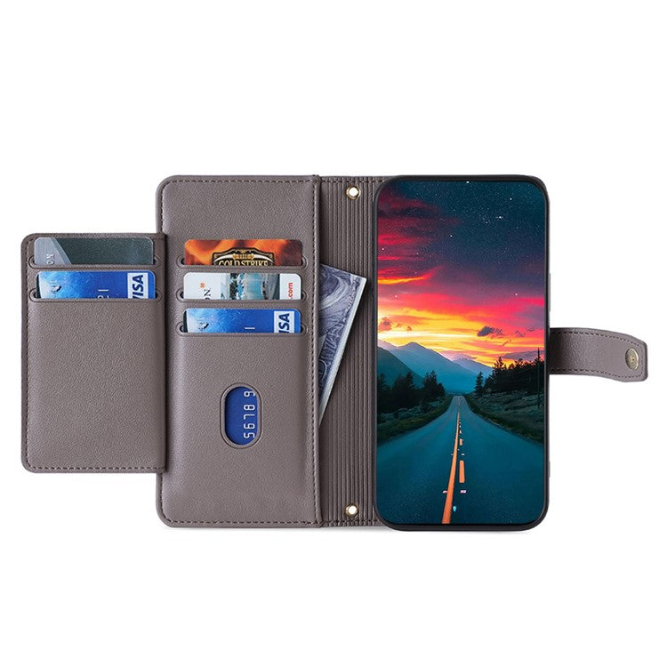 For Motorola Moto G45 5G / G34 5G Leather Case with Shoulder Strap Zipper Wallet Phone Cover - Grey