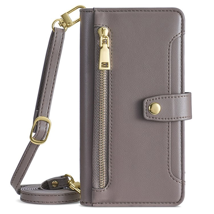 For Motorola Moto G45 5G / G34 5G Leather Case with Shoulder Strap Zipper Wallet Phone Cover - Grey