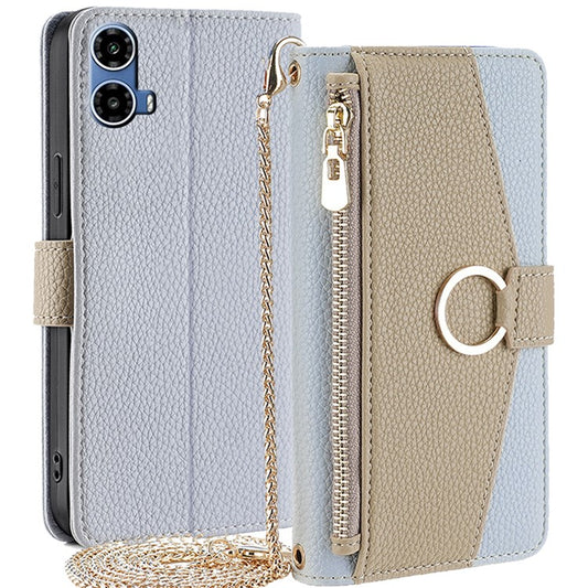 For Motorola Moto G45 5G / G34 5G Case Mirror Zipper Wallet Crossbody Leather Phone Cover - Blue