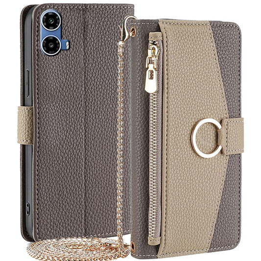 For Motorola Moto G45 5G / G34 5G Case Mirror Zipper Wallet Crossbody Leather Phone Cover - Grey