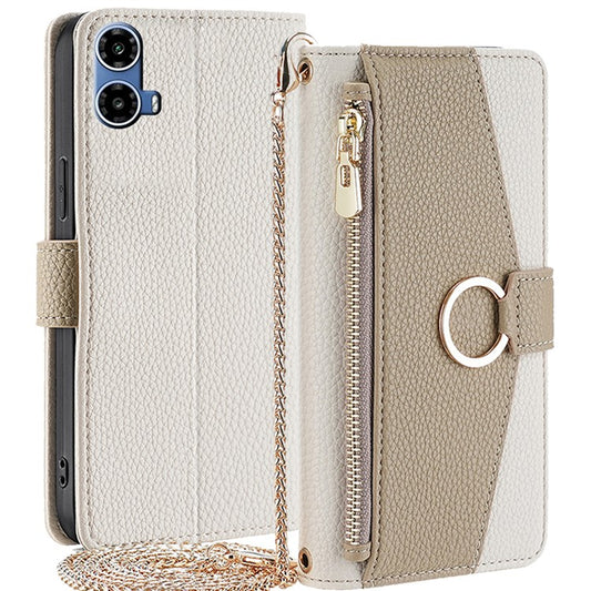 For Motorola Moto G45 5G / G34 5G Case Mirror Zipper Wallet Crossbody Leather Phone Cover - White