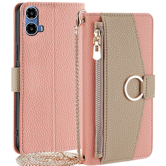 For Motorola Moto G45 5G / G34 5G Case Mirror Zipper Wallet Crossbody Leather Phone Cover - Pink