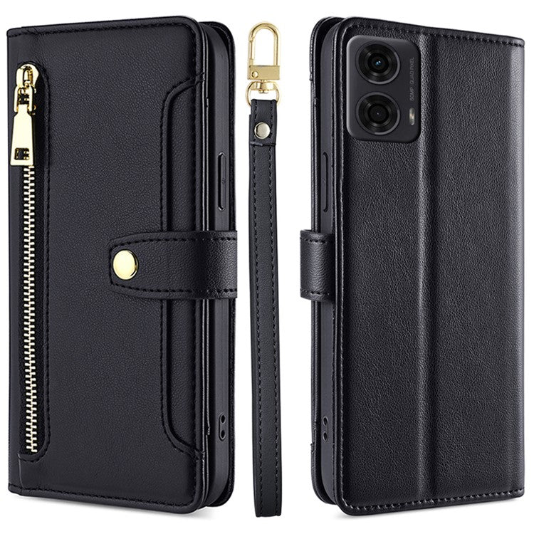 For Motorola Moto E14 4G / G04 4G / G04s 4G / G24 4G Leather Case Zipper Wallet Phone Cover with Shoulder Strap - Black