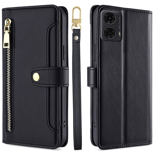 For Motorola Moto E14 4G / G04 4G / G04s 4G / G24 4G Leather Case Zipper Wallet Phone Cover with Shoulder Strap - Black
