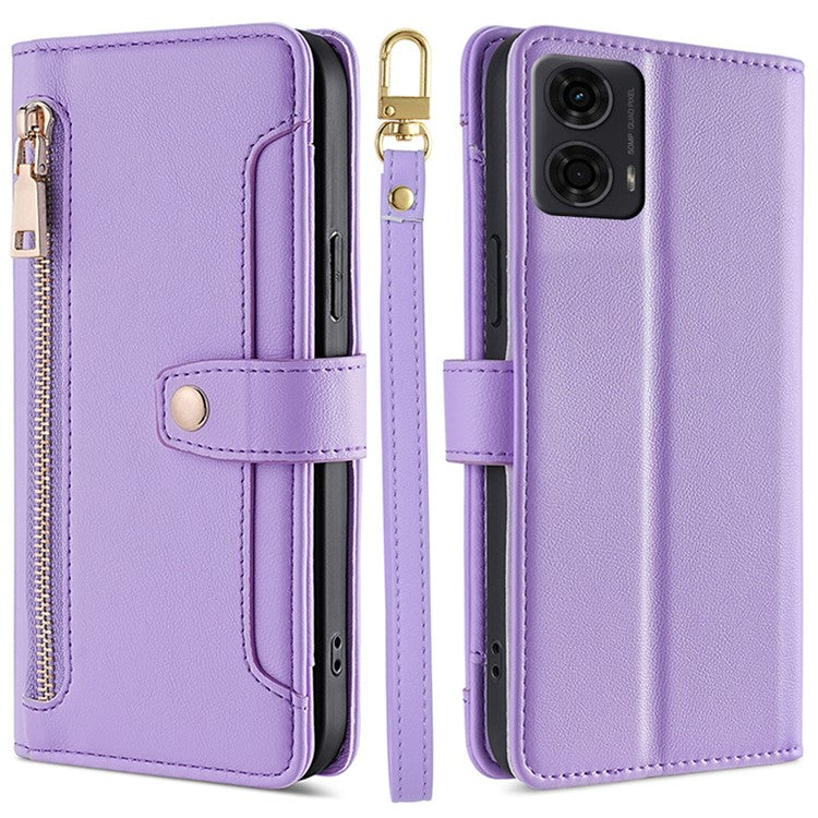 For Motorola Moto E14 4G / G04 4G / G04s 4G / G24 4G Leather Case Zipper Wallet Phone Cover with Shoulder Strap - Purple