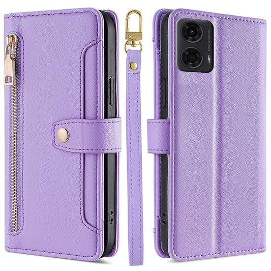 For Motorola Moto E14 4G / G04 4G / G04s 4G / G24 4G Leather Case Zipper Wallet Phone Cover with Shoulder Strap - Purple