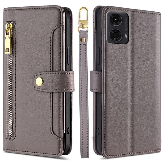 For Motorola Moto E14 4G / G04 4G / G04s 4G / G24 4G Leather Case Zipper Wallet Phone Cover with Shoulder Strap - Grey