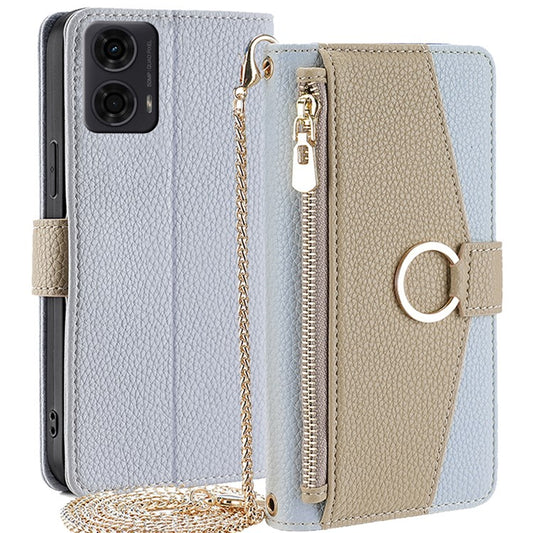 For Motorola Moto E14 4G / G04 4G / G04s 4G / G24 4G Case Zipper Wallet Leather Phone Cover with Mirror Design - Blue