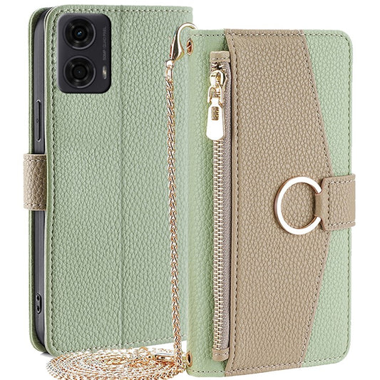 For Motorola Moto E14 4G / G04 4G / G04s 4G / G24 4G Case Zipper Wallet Leather Phone Cover with Mirror Design - Green