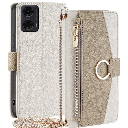For Motorola Moto E14 4G / G04 4G / G04s 4G / G24 4G Case Zipper Wallet Leather Phone Cover with Mirror Design - White