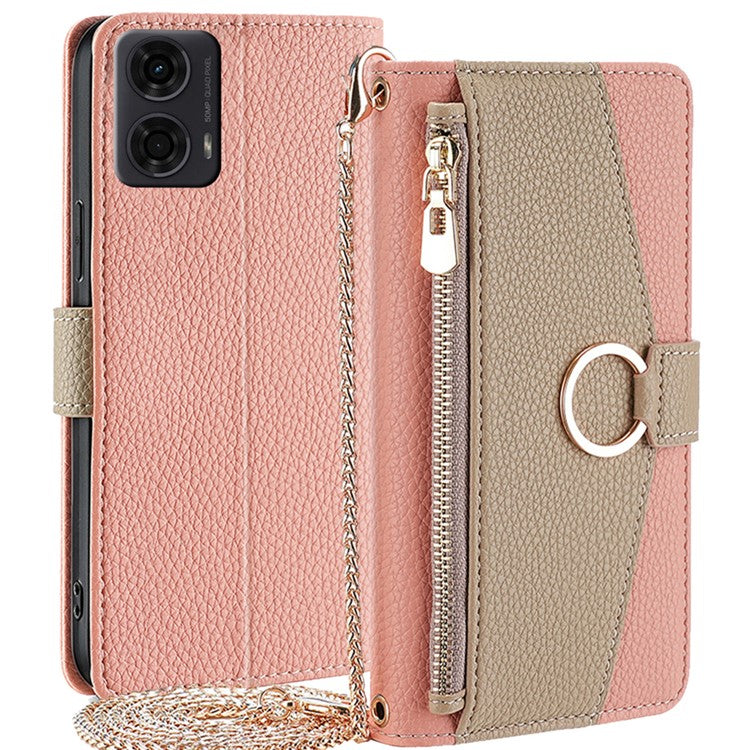 For Motorola Moto E14 4G / G04 4G / G04s 4G / G24 4G Case Zipper Wallet Leather Phone Cover with Mirror Design - Pink