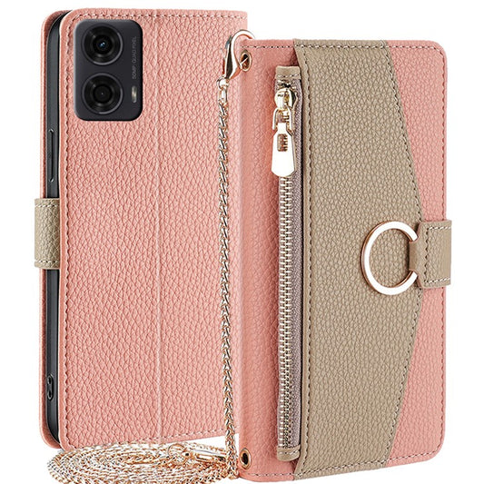 For Motorola Moto E14 4G / G04 4G / G04s 4G / G24 4G Case Zipper Wallet Leather Phone Cover with Mirror Design - Pink