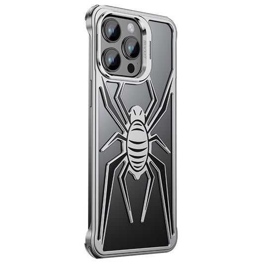 Phone Cover for iPhone 14 Pro Spider Design Hollow Out Aluminum Alloy Drop Proof Airbag Case - Silver