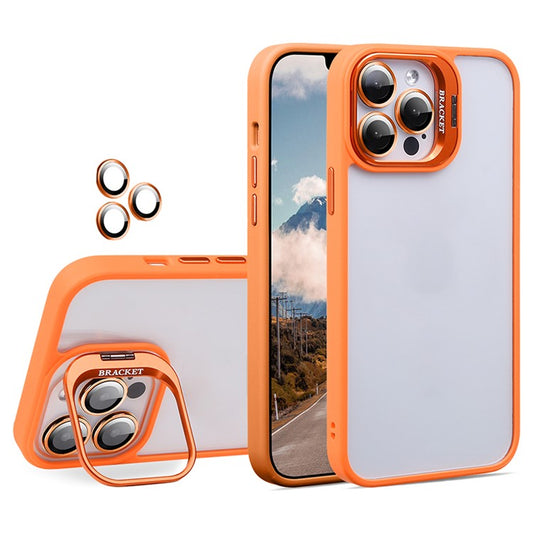 U1 For iPhone 14 Pro Max Case Built-In Glass Lens Film TPU+Acrylic Kickstand Phone Cover - Orange