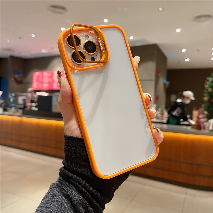 U1 For iPhone 14 Pro Max Case Built-In Glass Lens Film TPU+Acrylic Kickstand Phone Cover - Orange