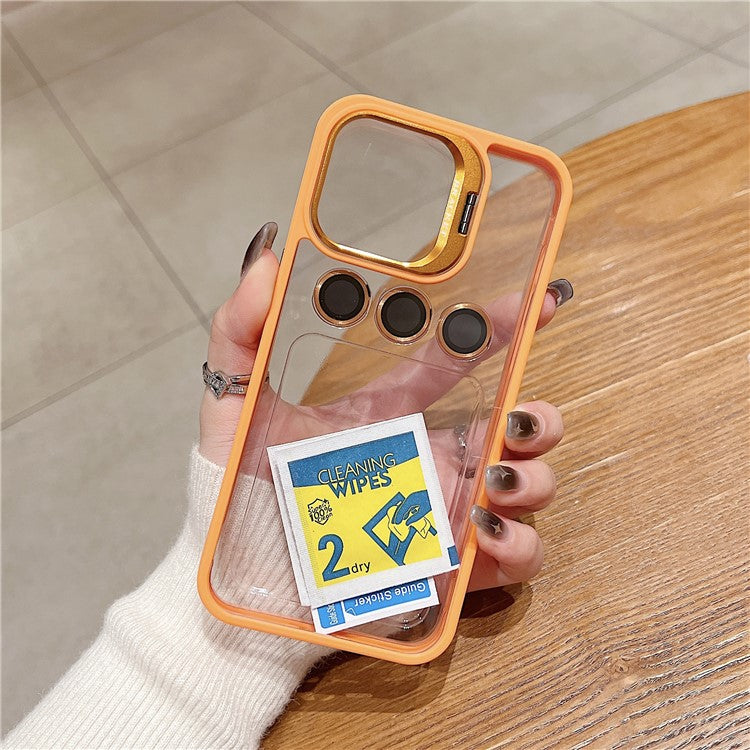 U1 For iPhone 14 Pro Max Case Built-In Glass Lens Film TPU+Acrylic Kickstand Phone Cover - Orange