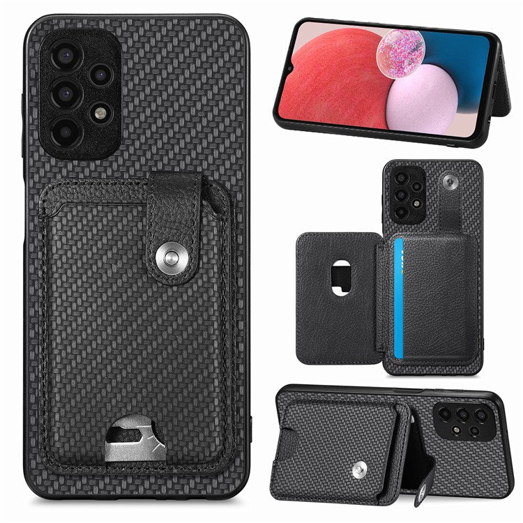 C1-06 For Samsung Galaxy A13 4G Case Carbon Fiber Texture Shockproof Phone Cover with Card Knife Tool - Black