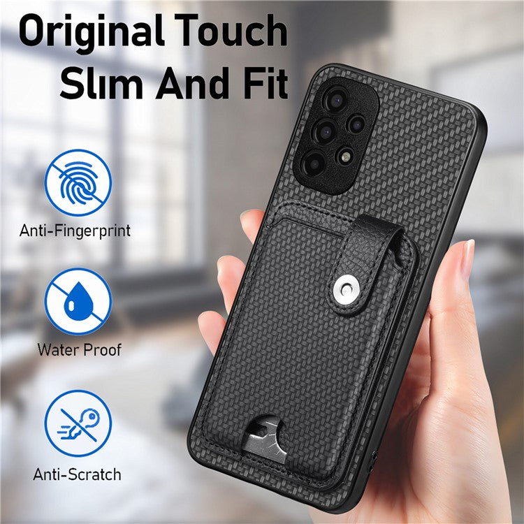 C1-06 For Samsung Galaxy A13 4G Case Carbon Fiber Texture Shockproof Phone Cover with Card Knife Tool - Black