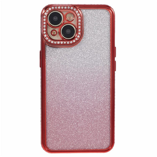 For iPhone 14 Case Camera Protection Glitter Rhinestone Decor Gradient TPU Phone Cover - Red