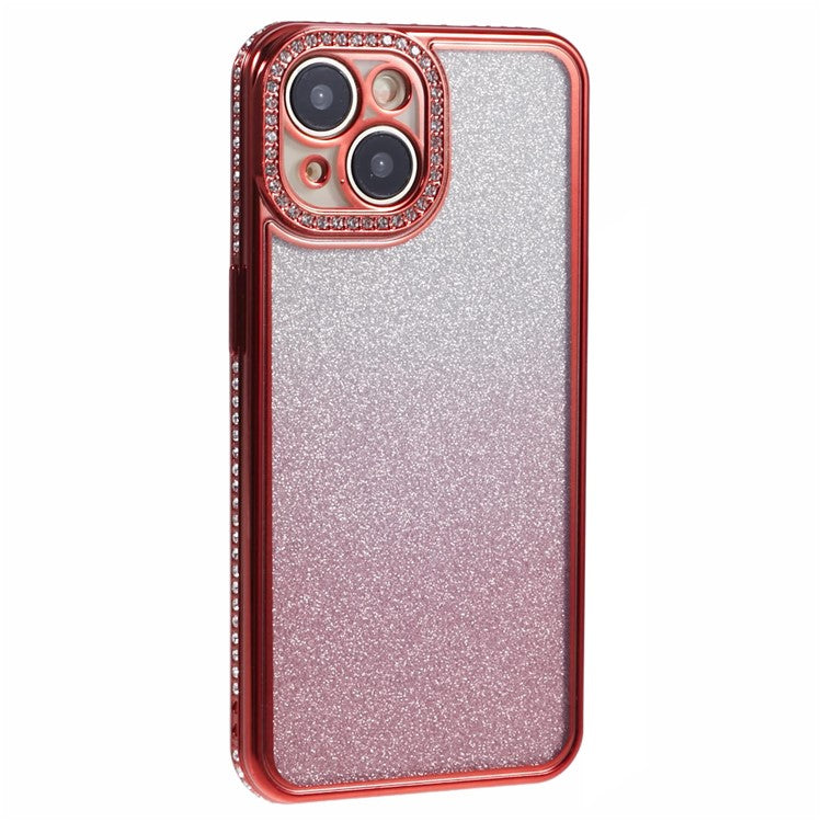 For iPhone 14 Case Camera Protection Glitter Rhinestone Decor Gradient TPU Phone Cover - Red