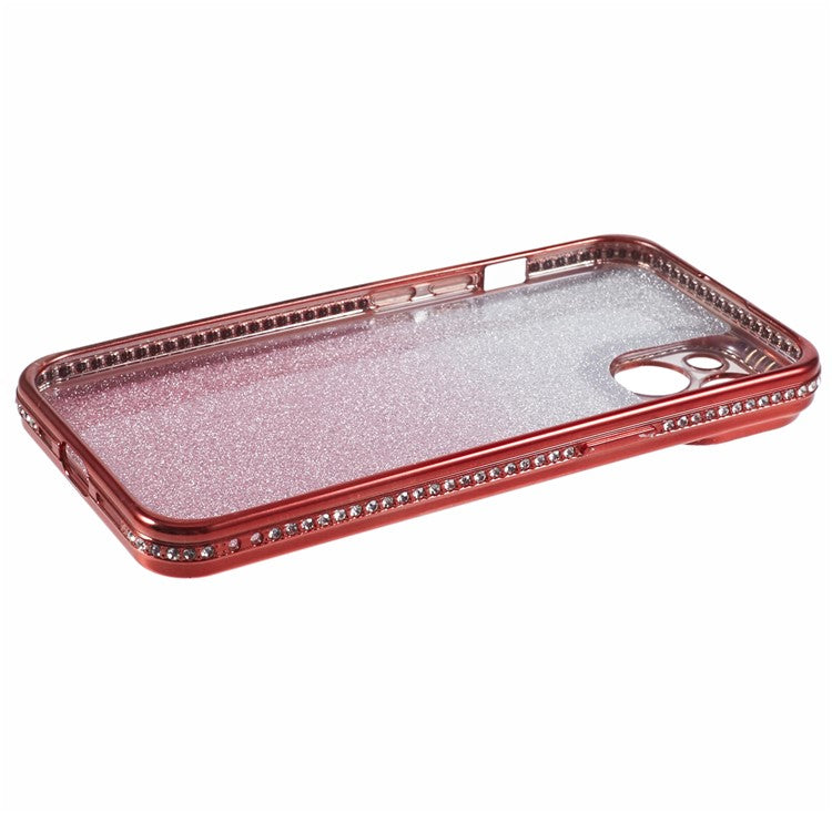 For iPhone 14 Case Camera Protection Glitter Rhinestone Decor Gradient TPU Phone Cover - Red