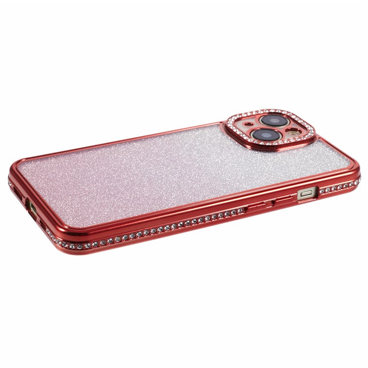 For iPhone 14 Case Camera Protection Glitter Rhinestone Decor Gradient TPU Phone Cover - Red