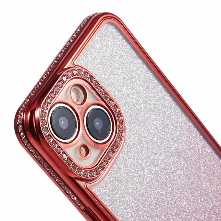 For iPhone 14 Case Camera Protection Glitter Rhinestone Decor Gradient TPU Phone Cover - Red