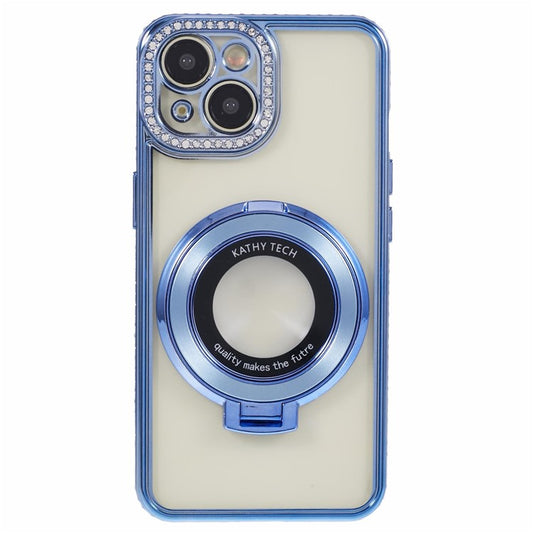 For iPhone 14 Case TPU Rhinestones Decor PC Ring Kickstand Cell Phone Protector - Blue