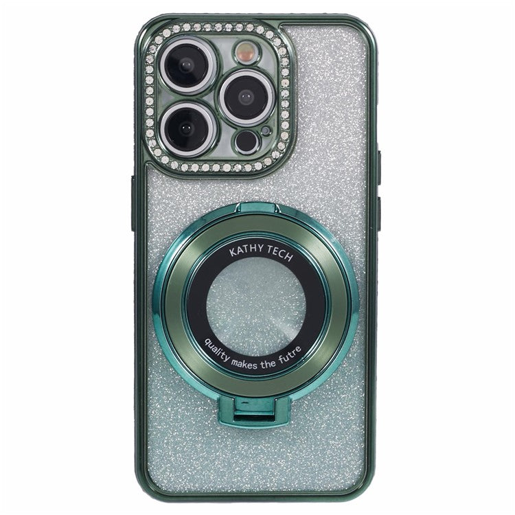 For iPhone 14 Pro Case Rhinestone Lens Frame Gradient Soft TPU Kickstand Phone Cover - Midnight Green