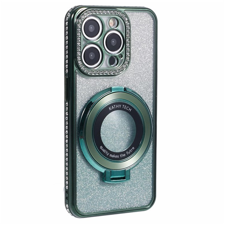 For iPhone 14 Pro Case Rhinestone Lens Frame Gradient Soft TPU Kickstand Phone Cover - Midnight Green